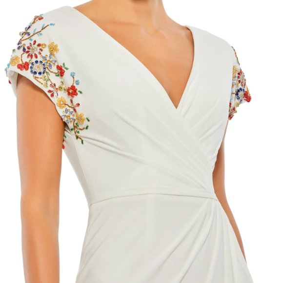 MAC DUGGAL 55709 EMBELLISHED SLEEVE JERSEY WRAP WHITE MULTI GOWN sz 6 - Picture 4 of 9